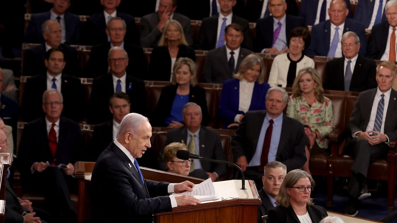 Israeli Prime Minister Benjamin Netanyahu addresses a joint meeting of Congress in the chamber of the House of Representatives at the US Capitol on July 24, 2024, in Washington, DC. 